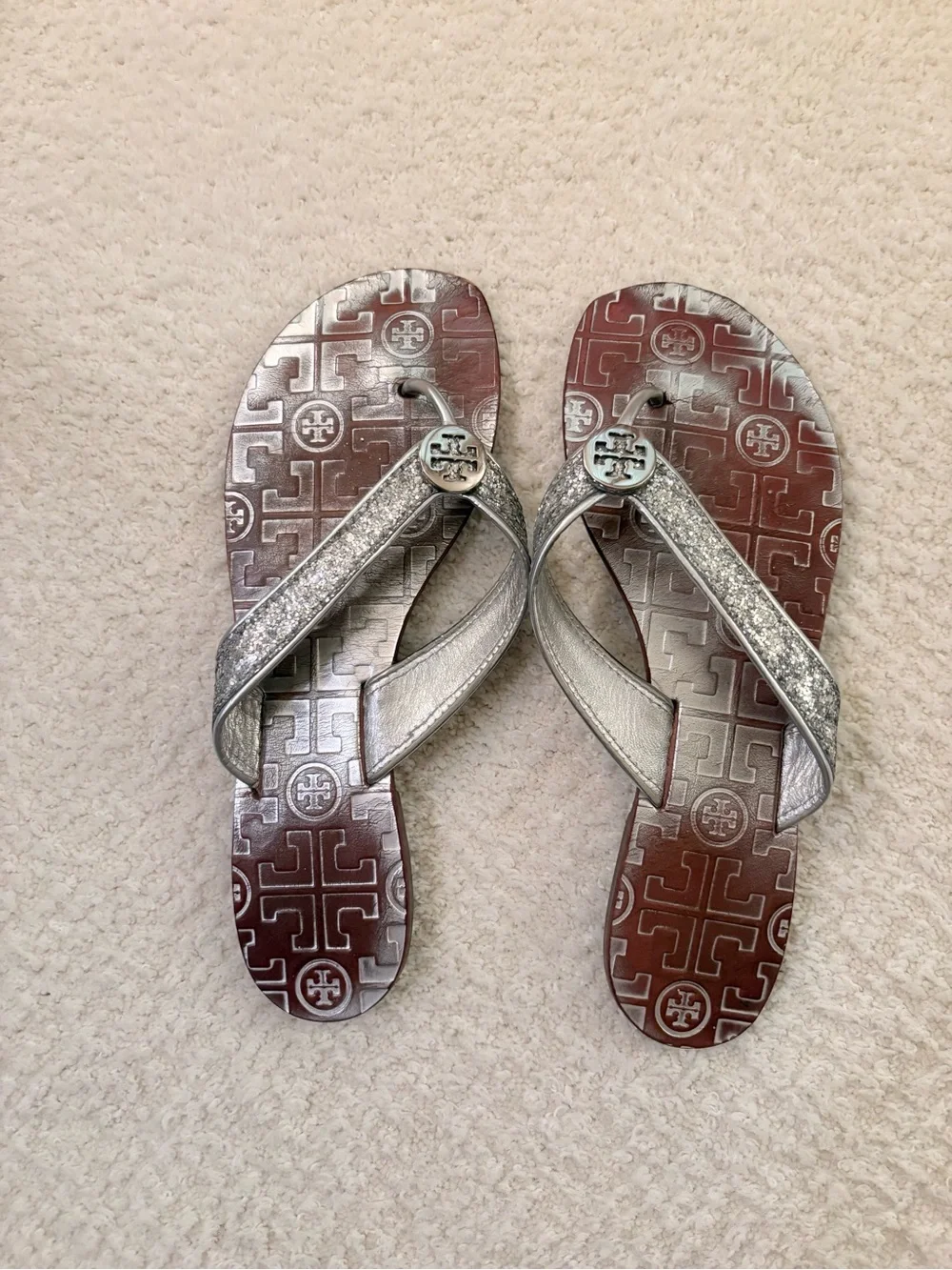 Tory Burch Metallic Silver Logo Thong Sandals